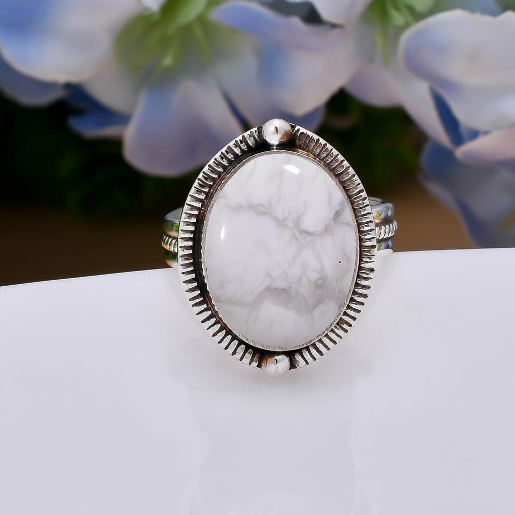 Natural White Howlite - United States 925 Sterling Silver Ring V5087, White Ring, Oval Ring, Valentin's Day Gift, Gift For Her, Birthday Gift, Handmad