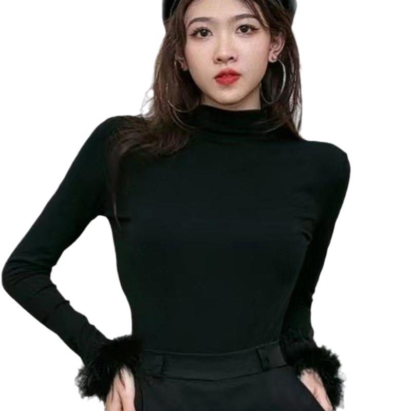 Бархатный облегающий топ с высоким воротником, пэчворк, длинный рукав, белый - Осень/Зима 2024