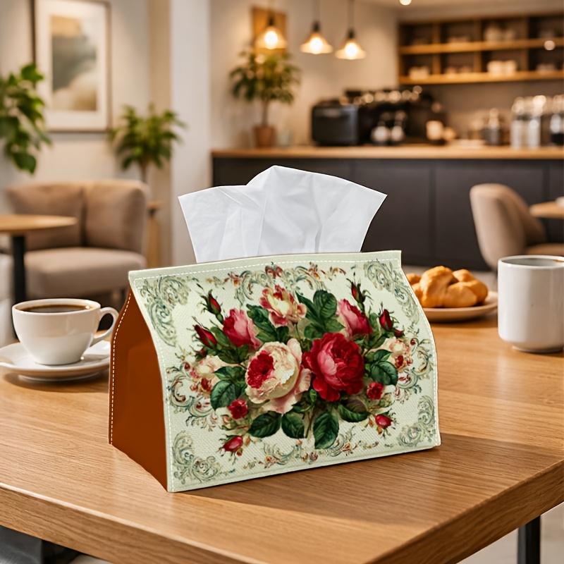 1pc Vintage Elegant Rose Tissue Box-Botanical Red Cream Border Design,Durable Napkin Organizer for Car,Kitchen,Dining,Home Decor-Decorative Tabletop P