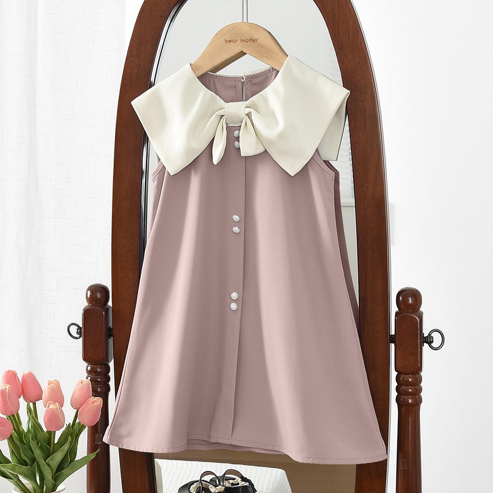 Летнее Новое Стильное Универсальное Платье Принцессы Французский Стиль Платье-Жилет Девочки Платье с Бантом и Лацканами