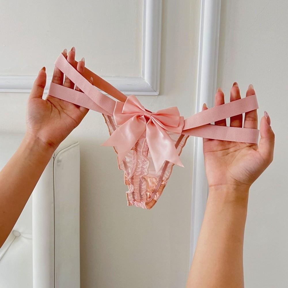 Delicate Bow Briefs Low Waist Sheer Mesh Panties Sweet Cross Strappy Thong  Valentine's Day