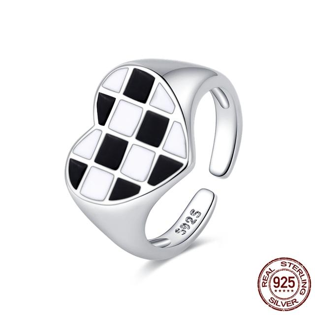 New Trend Cool Black White Grid Band Ring For Women Original 925 Silver Rings Brand Jewelry Gift