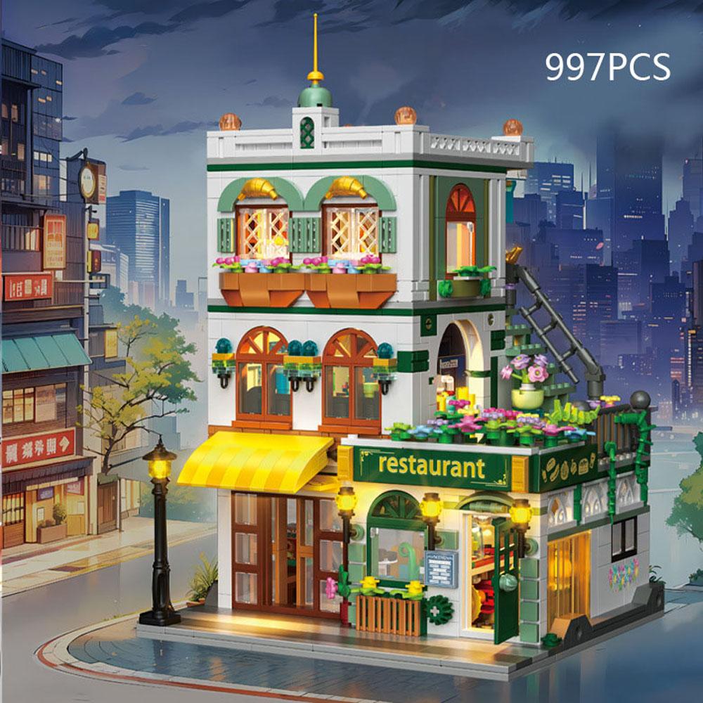 City Street View Building Bricks Coffee Wedding Shop Restaurant Mini Block Cafe House Garden Hotel Toys With Light For Gift