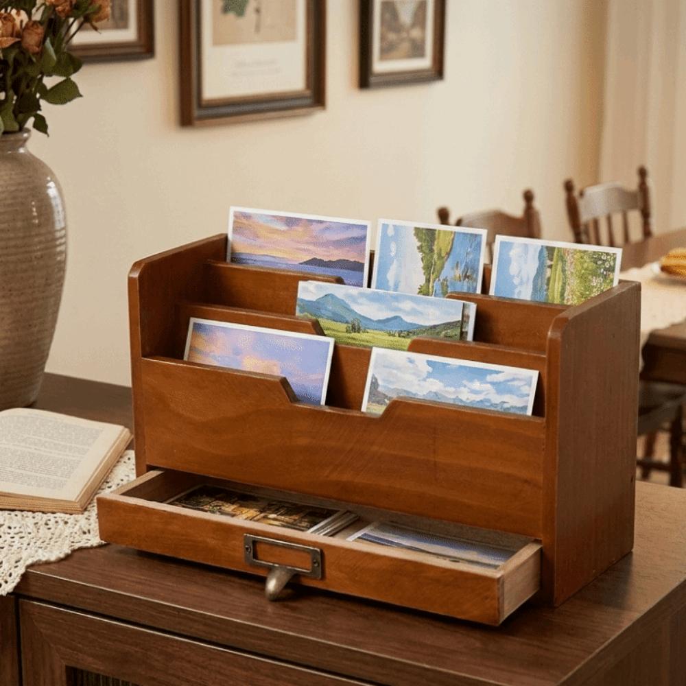 Rustic Desktop Drawer Storage Box Wooden Mail Organizer Stationery Storage Containers  Office Use