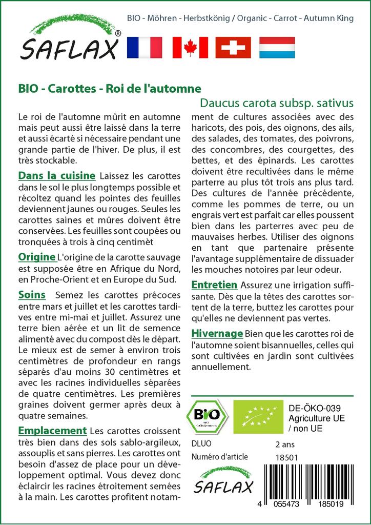 SAFLAX Garden in the Bag - Органический - Морковь - Король Осени - 1000 семян - С субстратом в подходящем мешке-стойке - Daucus carota