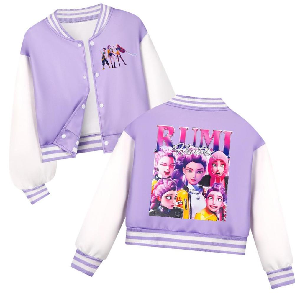 Детская Девочка Аниме Мультфильм Kpop Охотники на Демонов Руми Зои Мира Печатная Повседневная С длинными рукавами Бейсбольная Куртка Пальто