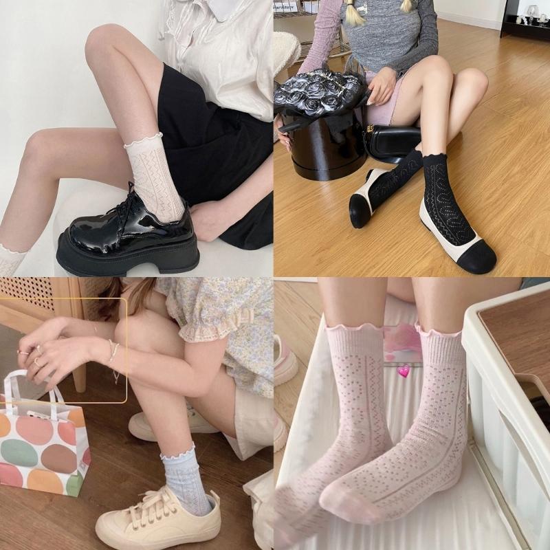 Womens Eyelet Crew Socks, Thin Comfort Breathable Dress Socks, Above Ankle Crew Socks for Womens Schoold Girl