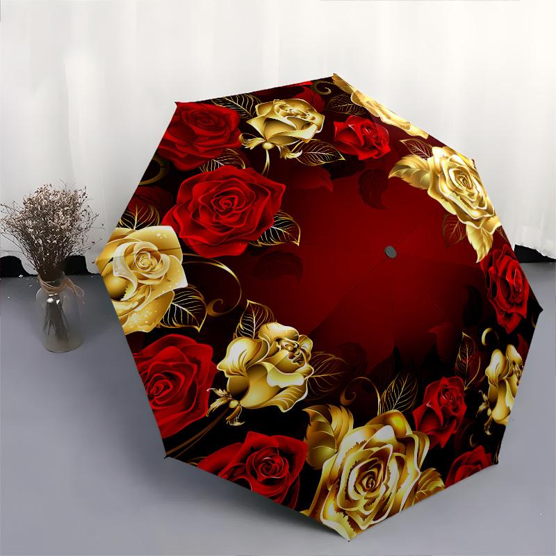 Golden Roses,Red Background Automatic Folding Umbrella 8 rib Lightweight Design, Durable Iron Frame, Compact and Portable, Perfect Gift fo