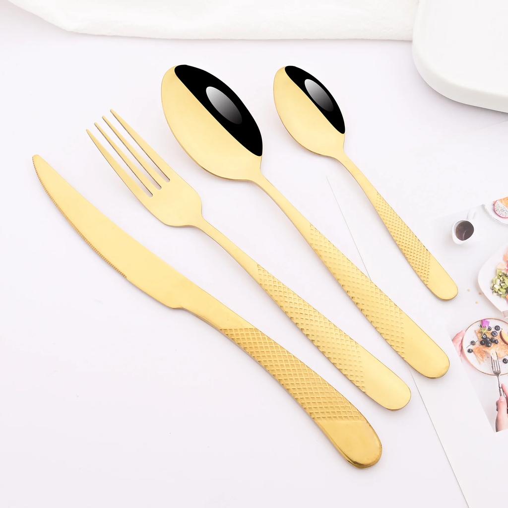 24Pcs Silver Gold Tableware Sets Stainless Steel Cutlery Steak Knife Tea Fork Coffee Spoon Flatware Dinner Kitchen Dinnerware