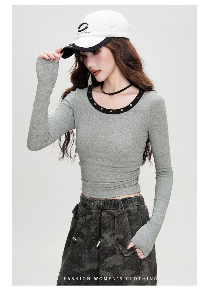 Women's European and American Style Long-Sleeved T-Shirt with Pleated Design