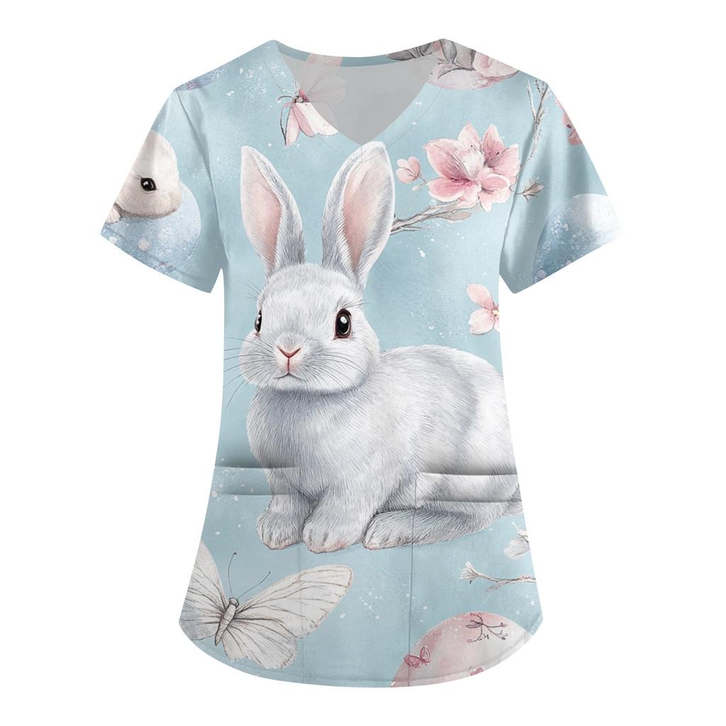 Женская модная рабочая одежда с V-образным вырезом и короткими рукавами, с карманами, с принтом в виде пасхального топа, одежда для ухода