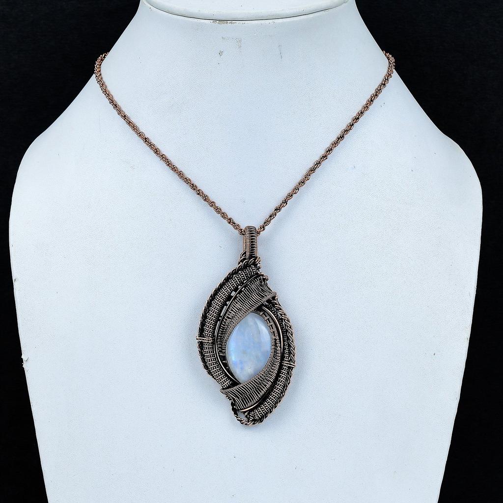 Кулон из Радужного Лунного Камня, Кулон Ручной Работы из Драгоценного Камня, Оплетенный Медной Проволокой 999 пробы, Антикварное Украшение, Для Подарка, Медное Украшение