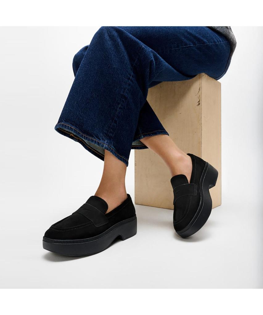 Fitflop [F-Luma] Women'S Suede Wedge Penny Loafers - All Black (Ft59K2L055)
