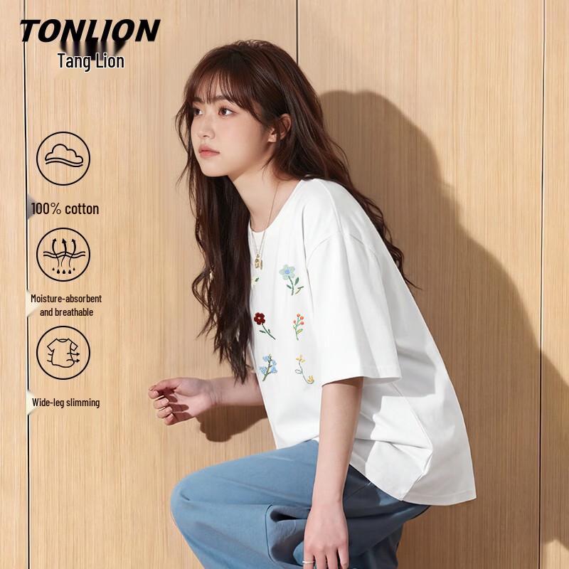 Женская хлопковая футболка TonLion с вышивкой цветов