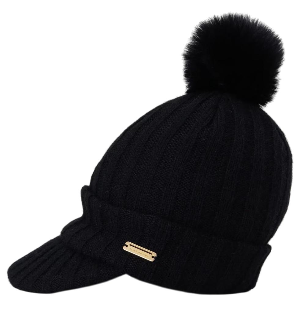 [St. Andrews] Women's Brimmed Knit Cap (with Pompom and Brand Logo)  Golf Hat  042-4287102 010Black SM