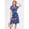 Women's Navy Blue Big Floral Belted Short Sleeve Shirt Dress Arm-22y001007