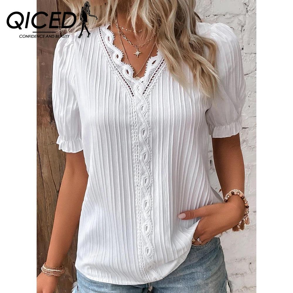 QICED Женские модные повседневные летние однотонные блузки и рубашки с v-образным вырезом и короткими рукавами с принтом