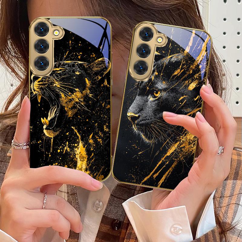 Черная Пантера рычит для Samsung Galaxy S26 S20 FE S21 S22 S23Plus S24 Ultra 25Ultra S21+ S9 S22 S8 S23 Золотой стеклянный чехол для телефона
