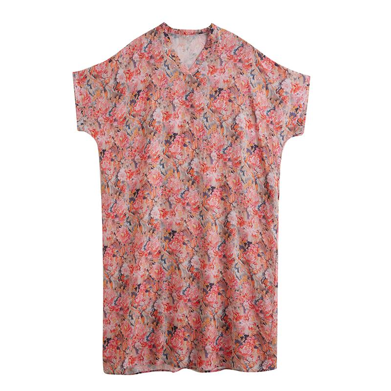 Dimanaf 2025 Summer Plus Size Dress Women Casual V-Neck Vintage Shirt Dress Loose Basic Printing Dress