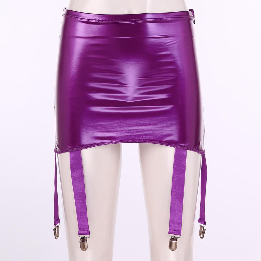 Womens Wet Look Patent Leather Garter Belt Skirt High Waist Suspenders with Metal Buckle Clips Plus Size