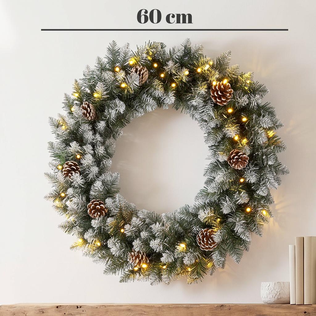 Christmas Wreath 60 cm Lit Door Wreath with 50 LEDs, Pinecones, Artificial Snow, for Christmas Advent Front Door