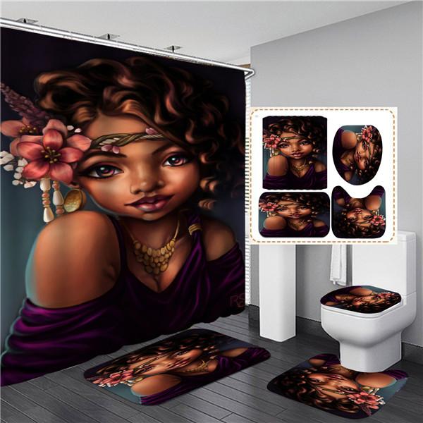 Элегантный черный афроамериканский женский комплект занавесок для душа с принтом, 4 шт., полный комплект, водонепроницаемые шторы для ванной комнаты, противоскользящие коврики для ванной, ковры, коврики