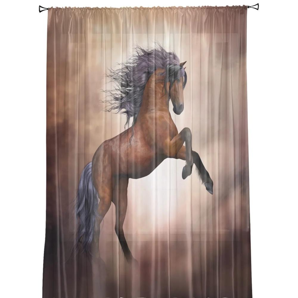 Running Galloping Horse Brown Animal Tulle Sheer Window Opening Drapes ideal for Living Room Bedroom Space Modern Voile Organza Curtains Drapes