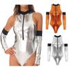 Women‘s Cosplay Catsuit S-3XL: Sleeveless Mock Neck Patent Leather Bodysuit with Front Zipper & Detachable Oversleeve for Role Play