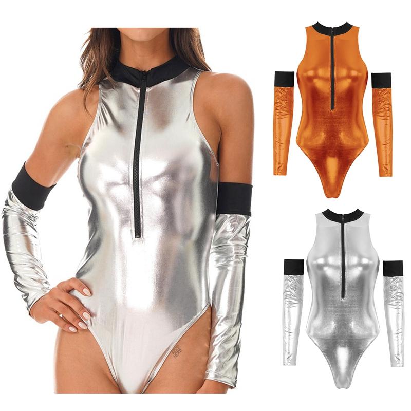 Women‘s Cosplay Catsuit S-3XL: Sleeveless Mock Neck Patent Leather Bodysuit with Front Zipper & Detachable Oversleeve for Role Play