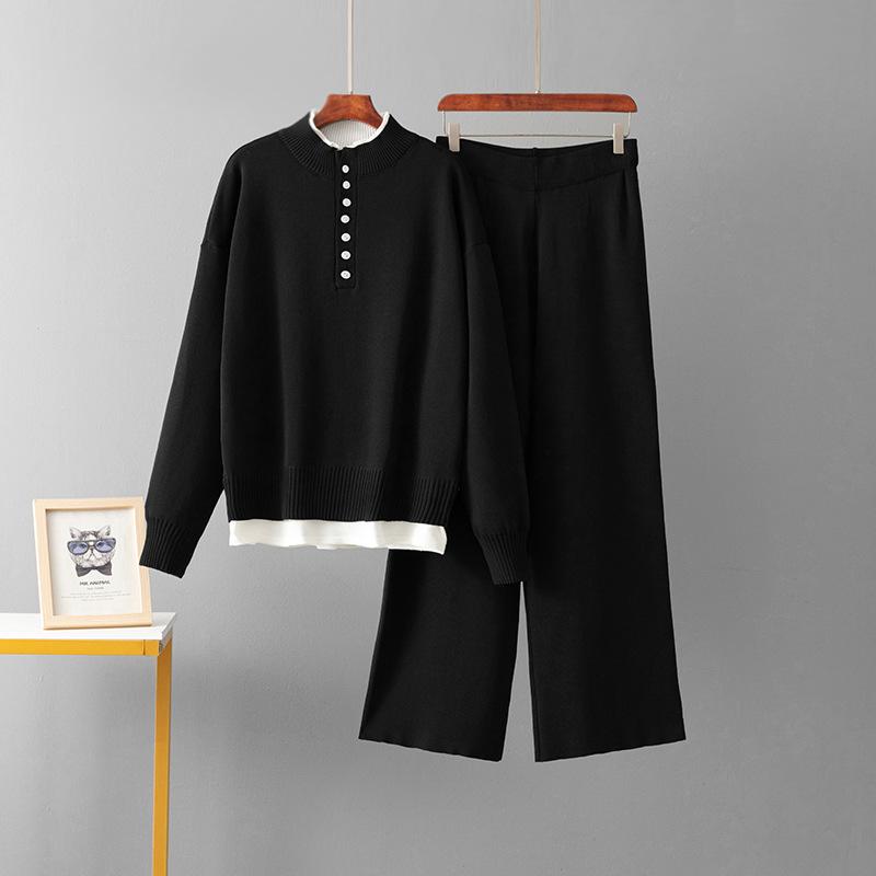 Модный повседневный шерстяной костюм женский осенне-зимний новый свободный свитер вязаные широкие брюки комплект из двух предметов