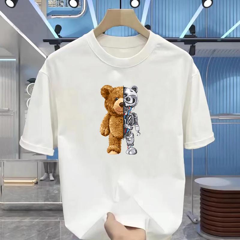 Hot 100% Cotton Casual Short Sleeve Robot Bear Men's Shirt Summer Breathable Clothes O Collar Short Sleeve for Men and Women