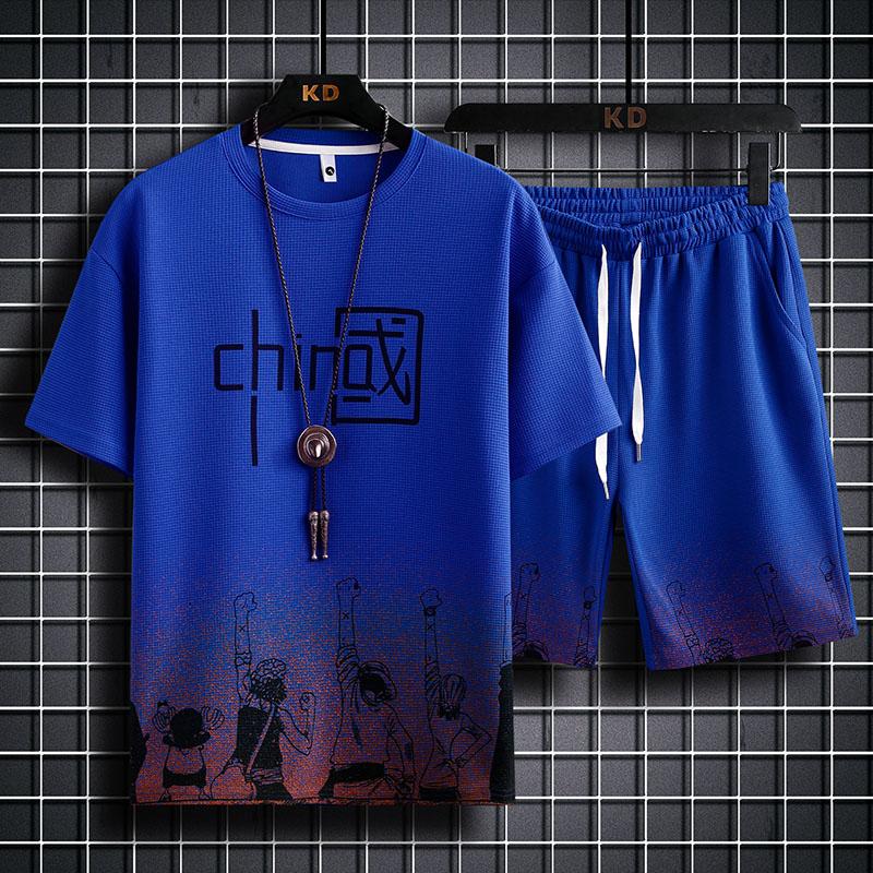 Летние мужские комплекты из двух предметов с аниме-принтом, футболка + шорты, костюмы с градиентом, льняная ткань, повседневный костюм, мужской спортивный костюм с короткими рукавами
