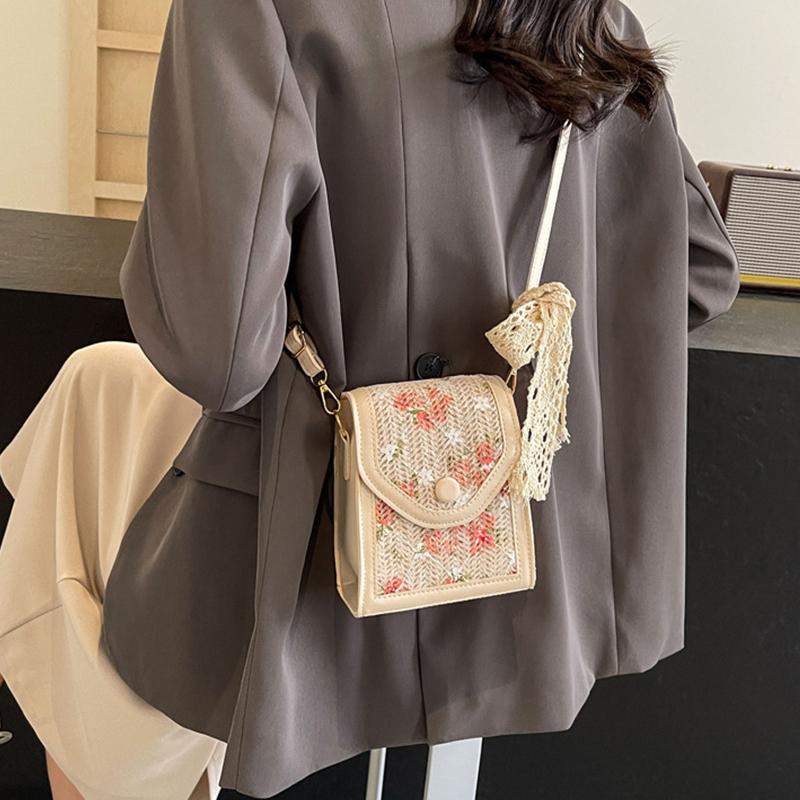 Women Fashion Ladies Bag Simple Floral Straw Messenger Bag Lightweight Crossbody Bag for Summer Beach Holiday AVE