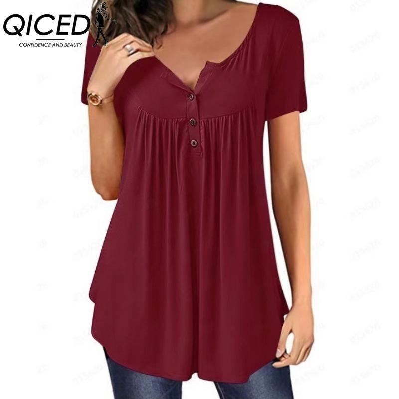 QICED Женские модные повседневные однотонные блузки и рубашки с короткими рукавами и принтом