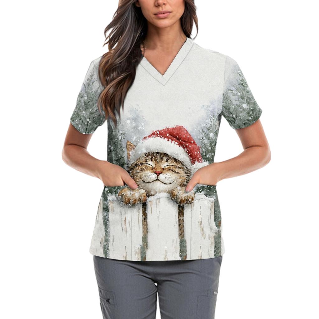 Женская милая блузка с принтом бантиков, рабочая одежда, V-образный вырез, двойной слой, карманы, базовая, с коротким рукавом, пуловер