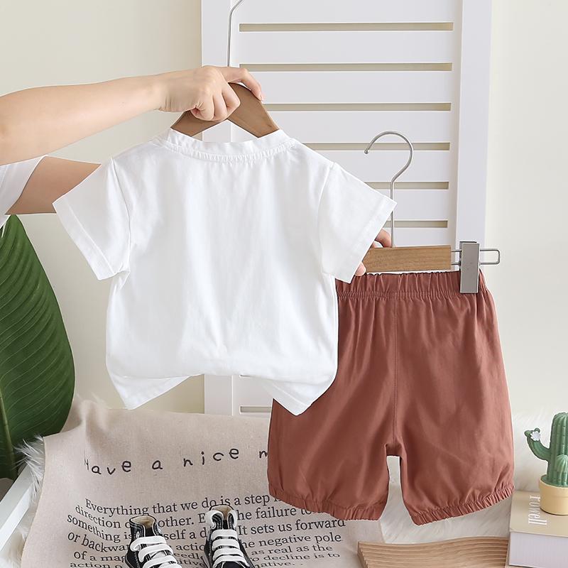 Комплект для мальчиков от 0 до 5 лет Детская футболка с короткими рукавами и круглым вырезом Повседневный комплект из двух предметов: топ и шорты с рисунком для мальчиков