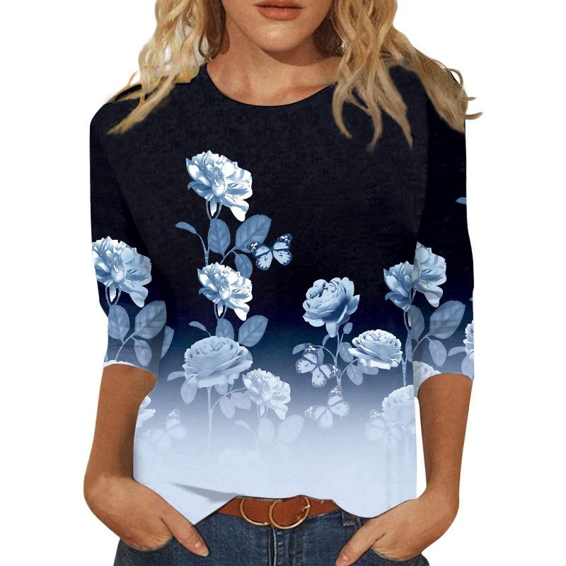 Женская футболка с 3D-принтом, винтажным цветочным принтом, повседневная, с длинным рукавом, круглым вырезом, обычный топ, с повседневным принтом, розовая, весна и осень