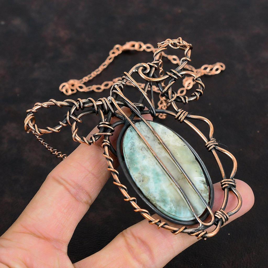 Ожерелье из ларимара, украшения, обернутые медной проволокой, медное ожерелье, украшения ручной работы, регулируемое ожерелье, ожерелье, обернутое проволокой, подарки для жены