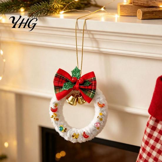 Indoor Christmas Tree Embellishments Mini Wreath Ornament, Hanging Decoration with Plaid Bow And Xmas Gift Wrapping Accessories Metal Bells, Handmade