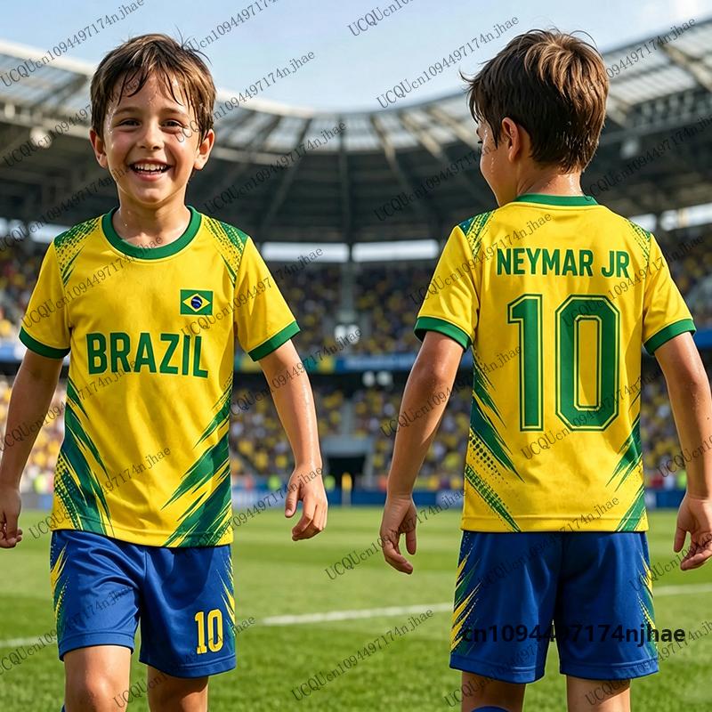 Детский спортивный костюм Футболка с принтом Neymar #10 + Комплект шорт Костюм для фанатов Бразилии Спортивные комплекты для детей/взрослых 2 предмета