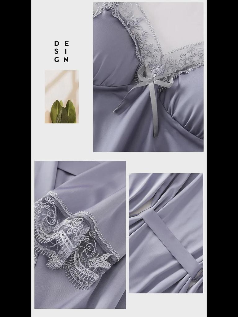 Женский шелковый кружевной пижамный комплект - 5 предметов: ночная рубашка с длинными рукавами, майка и шорты на весну, лето и осень