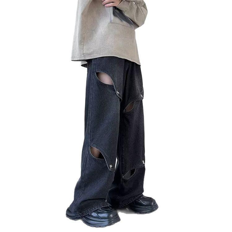 Мужские широкие рваные джинсы в корейском панк-стиле с металлическими вырезами