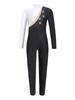 Activewear Leotard Kids Girls Gymnastics Unitard Long Sleeve Shiny Rhinestone Contrast Color Bodysuit Skating Jumpsuit