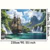 Pirate ship with ocean scenery background  featuring waterfalls  mountains  and lush greenery without the need for electricity