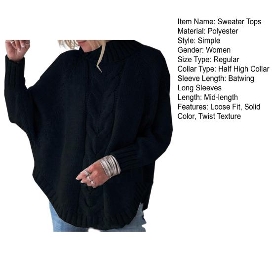 Yousheng Женский свитер Топы Полувысокий воротник Летучая мышь Длинный рукав Однотонный вязаный свитер Twist Texture Свободный крой Повседневный вязаный топ