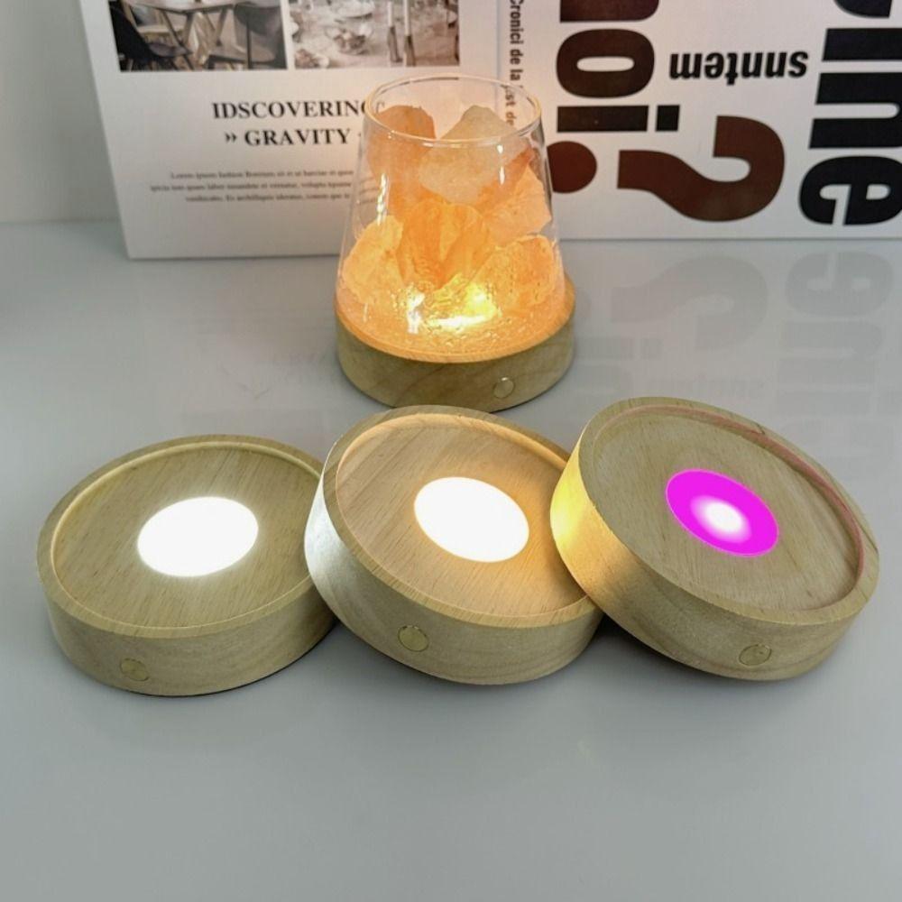 Round Wooden LED Light Base Multicolor USB Display Night Lamp Holder Bars
