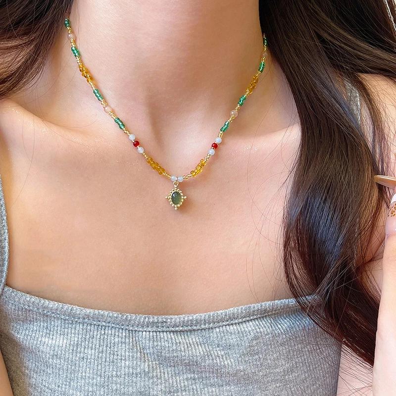 Hot Colorful Beads Link Chain Necklace for Women Vintage Gold Color Enamel Crystal Beads Chokers Chic Summer Fine Jewelry Gifts