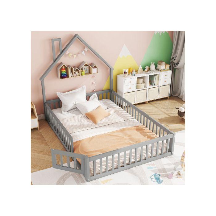 Lit - MUVOE - 140 x 200 cm - Rembourré - Pin - Style minimaliste - Gris