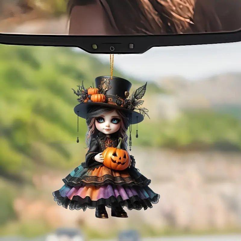 Acrylic Halloween Witch Car Rearview Mirror Decoration With Cartoon Style For Auto Interior Decor