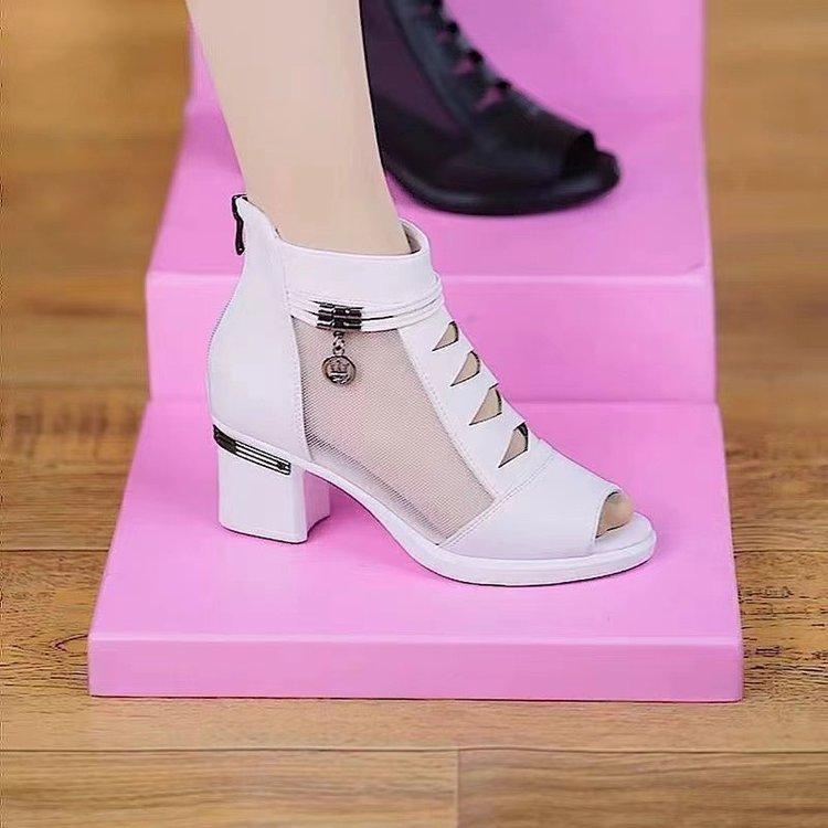 2025 Summer Boots Women Mesh Female Boots Fashion Thick Heels Mom Shoes Breathable Fish Mouth Shoes Back Zip Women Ankle Boots